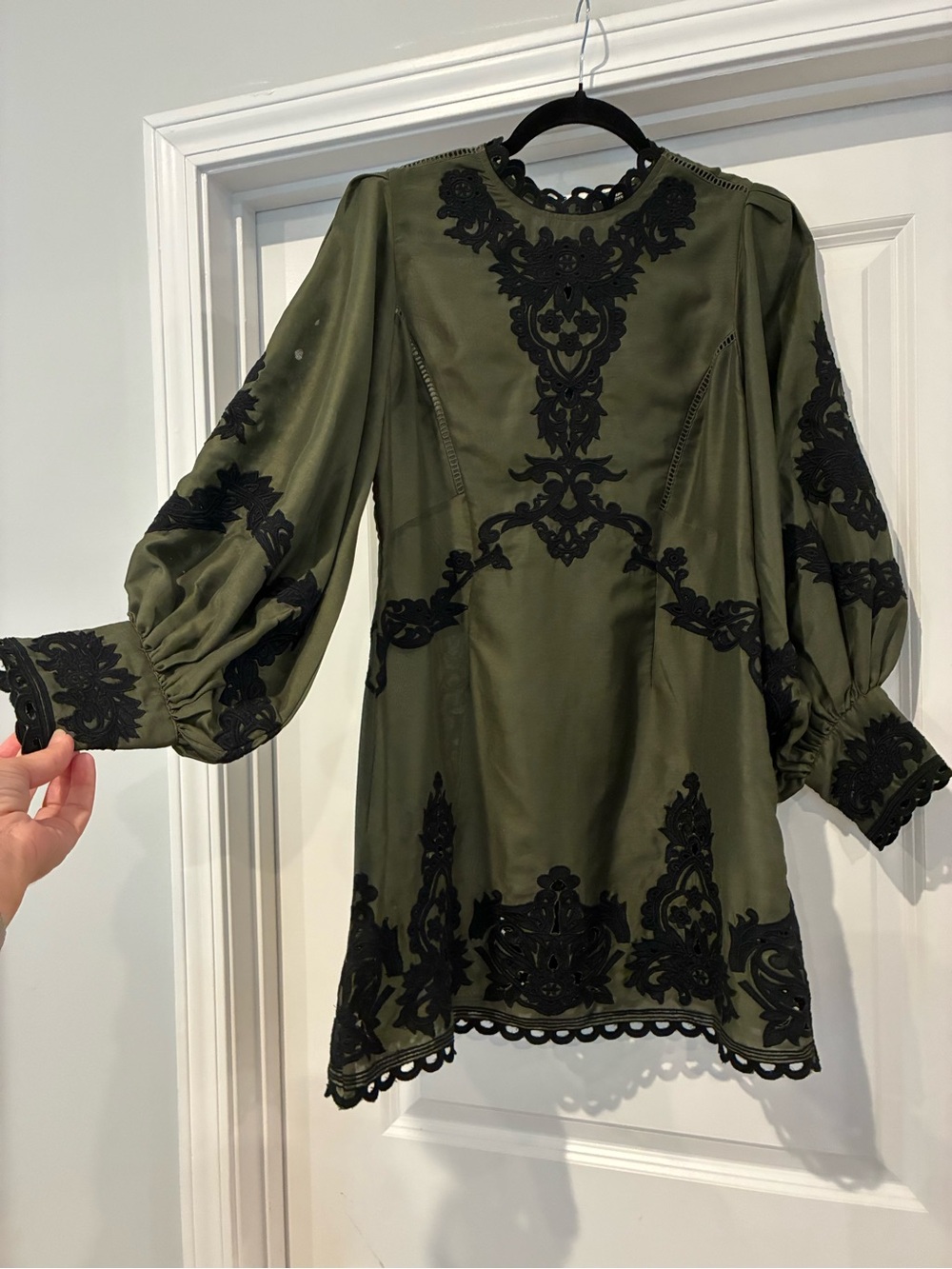 Karen Millen Olive Green Mini Dress with Black Embroidery